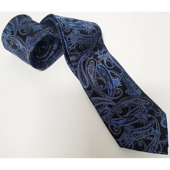 Pronto Uomo Necktie Black, Blue, and Taupe Paisley Printed Narrow 100% Silk Tie - Picture 2 of 11